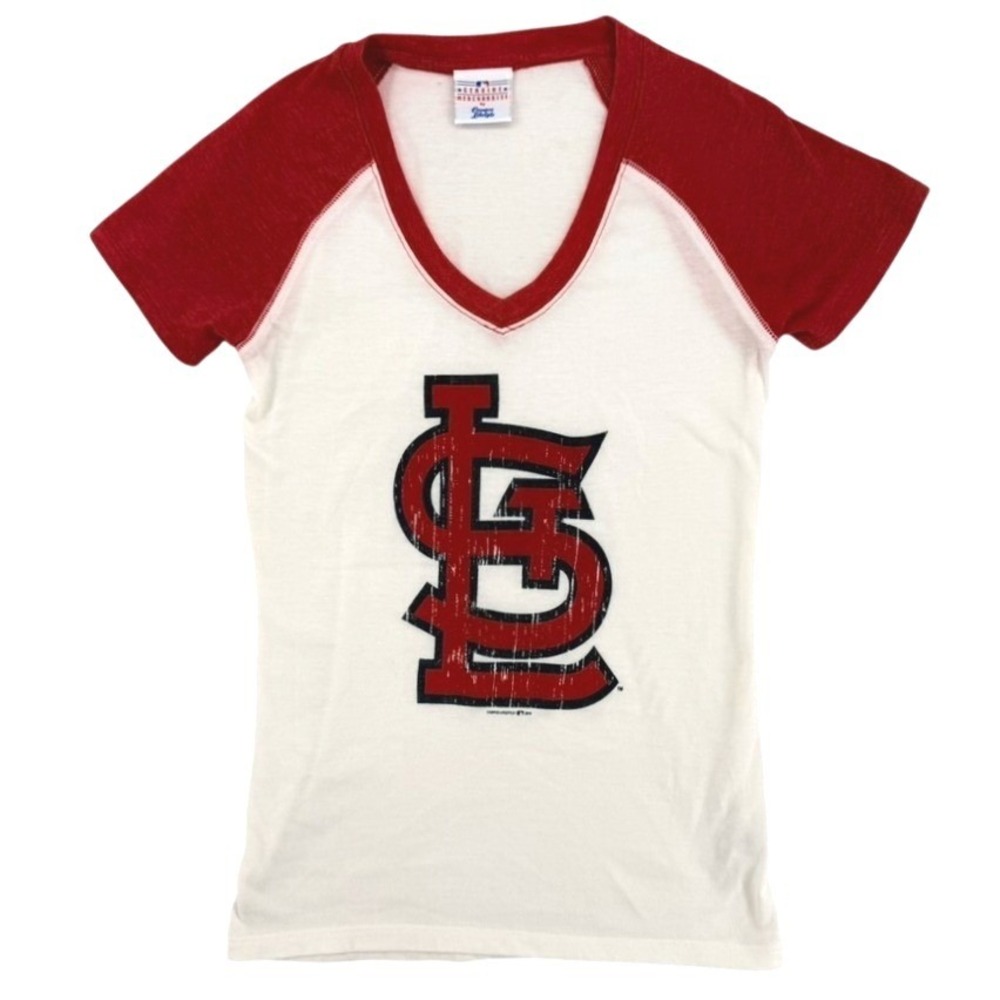 St Louis Cardinals MLB Womens VNeck Raglan T-Shirt Red White Campus Lifestyle XS